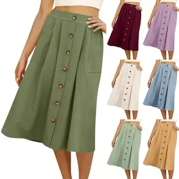 Женская модная однотонная хлопково-льняная юбка с эластичной резинкой на талии и карманом L