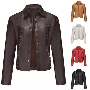 Женская модная однотонная кожаная куртка с заклепками, кардиган, кожаная куртка на пуговицах, пальто XXL белый