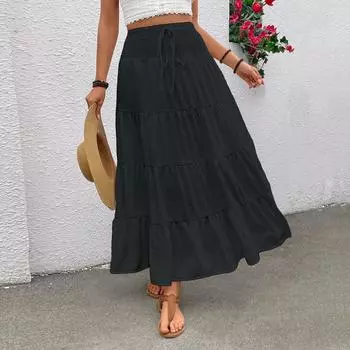 Женская модная однотонная кружевная эластичная юбка с высокой талией в стиле бохо, повседневная юбка А-силуэта XL чёрный