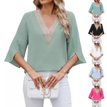 Женская модная однотонная кружевная шифоновая рубашка с V-образным вырезом и средним рукавом, повседневный топ L чёрный