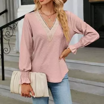 Женская модная однотонная кружевная свободная футболка с V-образным вырезом и длинным рукавом XL