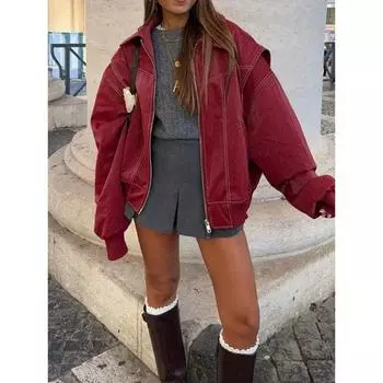 Женская модная однотонная куртка большого размера с контрастной строчкой, свободные лацканы, длинный рукав, молния, верхняя часть из искусственной кожи, осенняя женская мотоциклетная куртка S красный