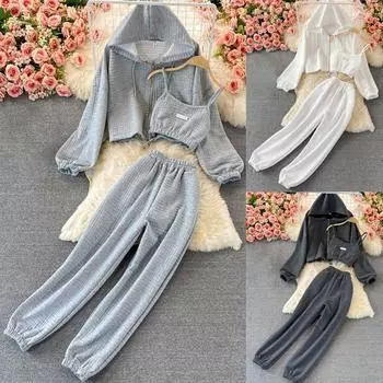 Женская модная однотонная куртка на подтяжках с капюшоном и длинными рукавами, повседневные брюки, комплект из 3 предметов M
