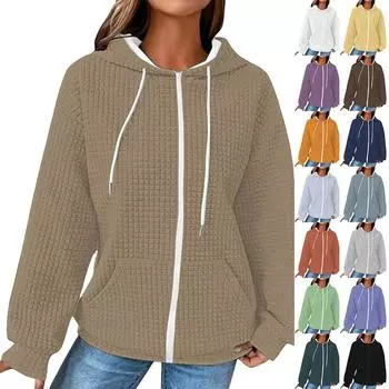 Женская модная однотонная куртка с длинным рукавом и карманом на молнии с капюшоном L чёрный