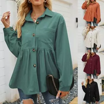 Женская модная однотонная куртка, вельветовая детская рубашка с двойным карманом, куртка с лацканами M бежевый