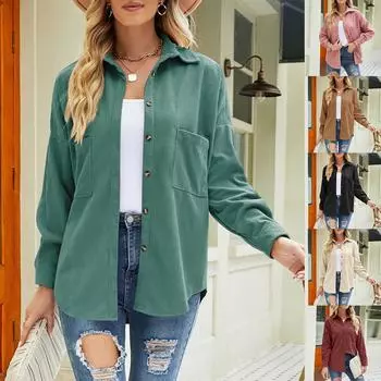 Женская модная однотонная куртка, вельветовая рубашка с двойным карманом, куртка с лацканами XL верблюд