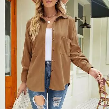 Женская модная однотонная куртка, вельветовая рубашка с двойным карманом, куртка с лацканами S розовый