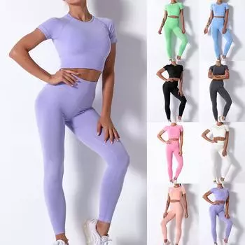 Женская модная однотонная обтягивающая футболка для фитнеса с коротким рукавом, длинные брюки, одежда для йоги L чёрный