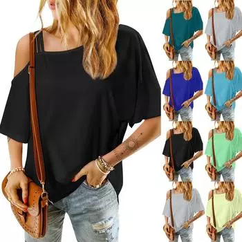 Женская модная однотонная однотонная сексуальная однотонная футболка со средним рукавом и открытыми плечами L бежевый