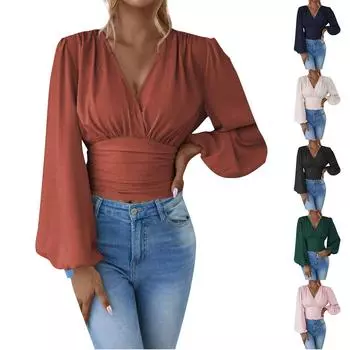 Женская модная однотонная плиссированная футболка с V-образным вырезом и длинными рукавами