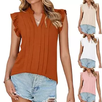Женская модная однотонная плиссированная рубашка с V-образным вырезом и короткими рукавами L хаки