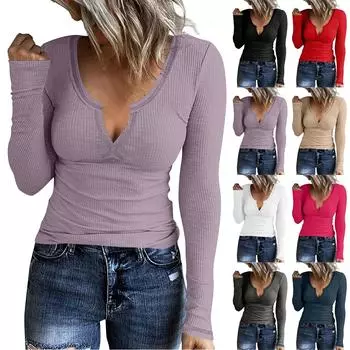 Женская модная однотонная повседневная футболка с длинным рукавом и V-образным вырезом, трикотажный топ L бежевый