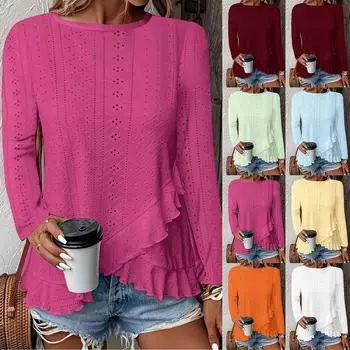 Женская модная однотонная повседневная футболка с длинным рукавом и круглым вырезом XL