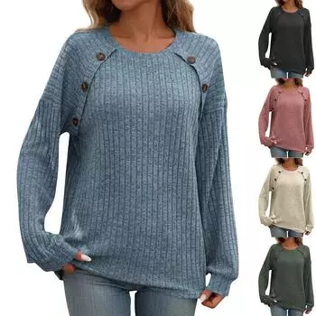 Женская модная однотонная повседневная футболка с круглым вырезом и длинными рукавами на пуговицах M