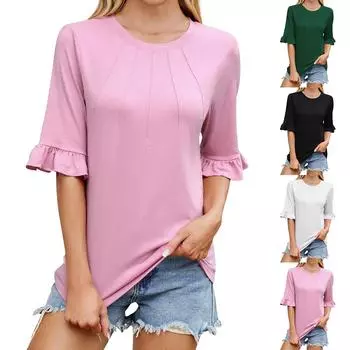 Женская модная однотонная повседневная футболка с круглым вырезом и средним рукавом L розовый