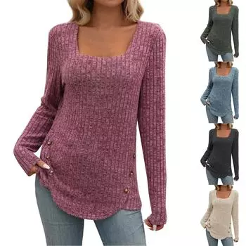 Женская модная однотонная повседневная футболка с квадратным воротником и длинными рукавами на пуговицах L хаки