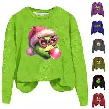 Женская модная однотонная повседневная футболка с рождественским принтом и круглым вырезом, с длинными рукавами S