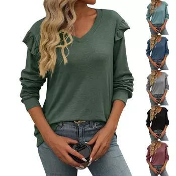 Женская модная однотонная повседневная футболка с v-образным вырезом и летающими рукавами и длинными рукавами XL красный