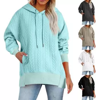 Женская модная однотонная повседневная толстовка с длинными рукавами и карманом L чёрный