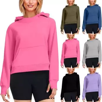 Женская модная однотонная повседневная толстовка с длинными рукавами и капюшоном, воротником-стойкой, закрывающей большой палец XL фиолетовый