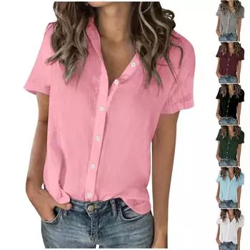 Женская модная однотонная рубашка из хлопка и льна в стиле casual с короткими рукавами L чёрный