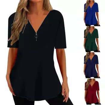 Женская модная однотонная рубашка, повседневная молния, топы с короткими рукавами, блузка M чёрный