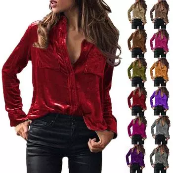 Женская модная однотонная рубашка с карманом на пуговицах и длинным рукавом L розовый