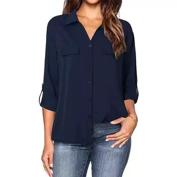 Женская модная однотонная рубашка с карманом, весна/лето, отложной воротник, длинный рукав, блузка S белый