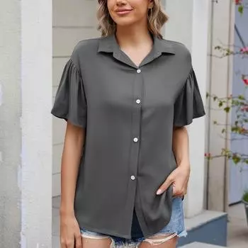Женская модная однотонная рубашка с короткими рукавами и лацканами на пуговицах L