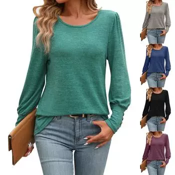 Женская модная однотонная рубашка с круглым вырезом и пуговицами с длинными рукавами и круглым вырезом, футболка, топ XL зелёный