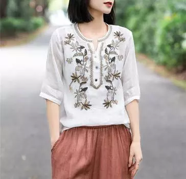 Женская модная однотонная рубашка с v-образным вырезом и вышивкой, летняя женская одежда, винтажная свободная повседневная блузка с коротким рукавом S зелёный