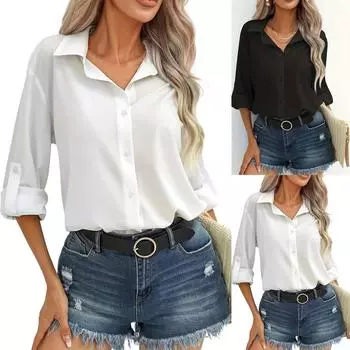 Женская модная однотонная рубашка в стиле casual L чёрный