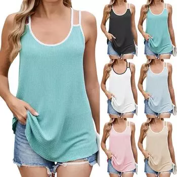 Женская модная однотонная свободная футболка без рукавов с круглым вырезом L чёрный