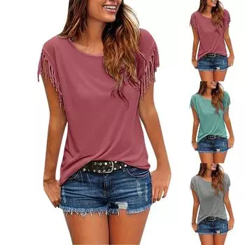 Женская модная однотонная свободная футболка без рукавов с круглым вырезом и кисточками L циан