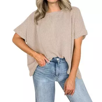 Женская модная однотонная свободная футболка с круглым вырезом и коротким рукавом L бежевый