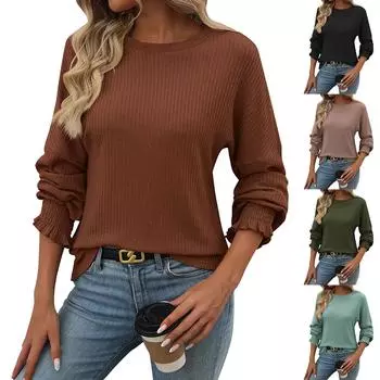 Женская модная однотонная свободная футболка с круглым вырезом и длинными рукавами