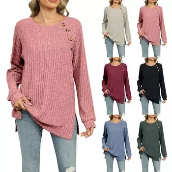 Женская модная однотонная свободная футболка с круглым вырезом и длинными рукавами на пуговицах L