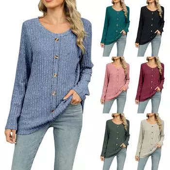 Женская модная однотонная свободная футболка с круглым вырезом и длинными рукавами на пуговицах XXL хаки