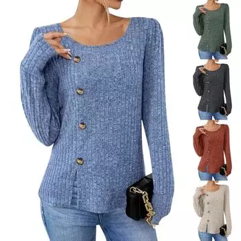 Женская модная однотонная свободная футболка с круглым вырезом и пуговицами с длинными рукавами L синий