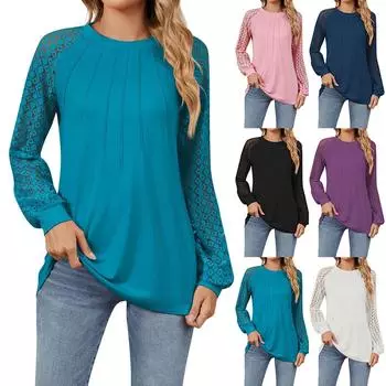 Женская модная однотонная свободная футболка с круглым вырезом и длинными рукавами в стиле пэчворк M