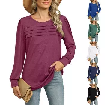 Женская модная однотонная свободная футболка с U-образным вырезом и длинными рукавами XL чёрный