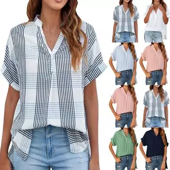 Женская модная однотонная свободная клетчатая рубашка с короткими рукавами и v-образным вырезом L чёрный