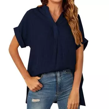 Женская модная однотонная свободная клетчатая рубашка с короткими рукавами и v-образным вырезом M тёмно-синий