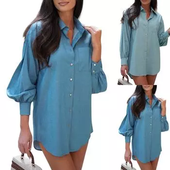 Женская модная однотонная свободная рубашка из выстиранного денима с длинным рукавом L синий
