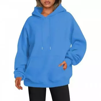 Женская модная однотонная свободная толстовка с капюшоном и завязками на рукавах L синий