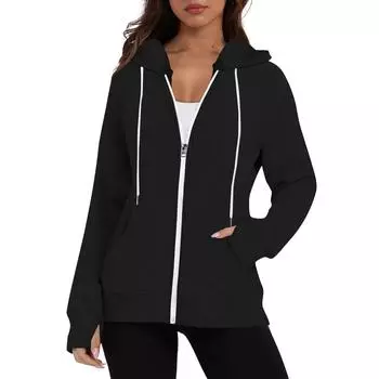 Женская модная однотонная толстовка с длинным рукавом, карманом, шнурком, капюшоном, молнией, отверстием для большого пальца L чёрный