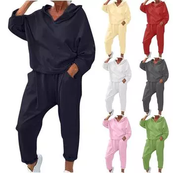 Женская модная однотонная толстовка с капюшоном и длинными рукавами с V-образным вырезом и эластичным поясом, повседневные брюки L чёрный