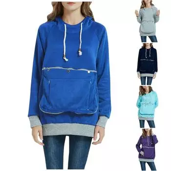 Женская модная однотонная толстовка с круглым вырезом и большим карманом с капюшоном S тёмно-синий