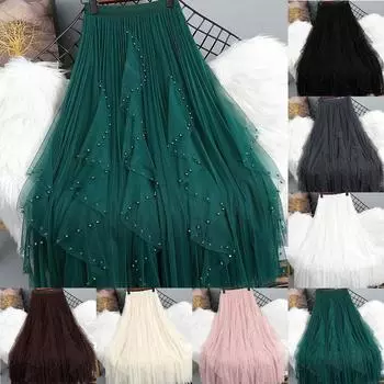 Женская модная однотонная юбка из сетчатой ткани с нерегулярным сращиванием и оборками по краю One Size чёрный