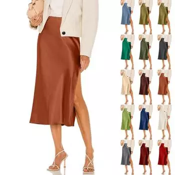 Женская модная однотонная юбка с эластичной высокой талией, однотонная юбка средней длины с разрезом L армия зеленый